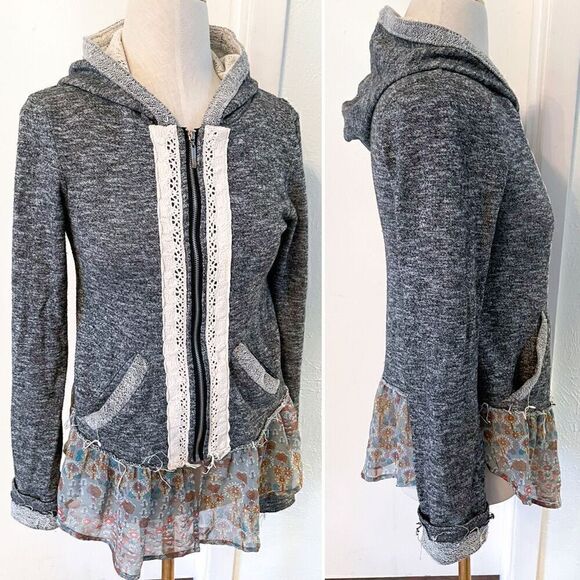 Gray Zip Hoodie With Lace & Floral Trim S - Picture 1 of 4